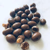 Chocolate peanuts on a white background. 2 of them are broken to show underneath the chocolate coating.